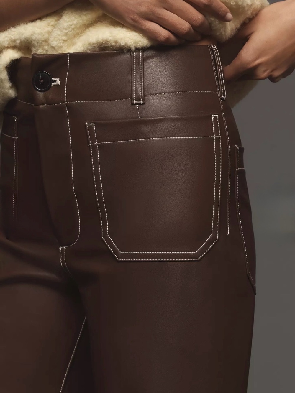Maeve Cropped Faux-Leather Wide-Leg Pants in Dark Brown - Picture 4 of 13